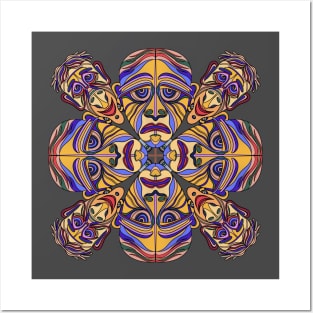 Happy and sad face mandala type design in yellows and blues Posters and Art